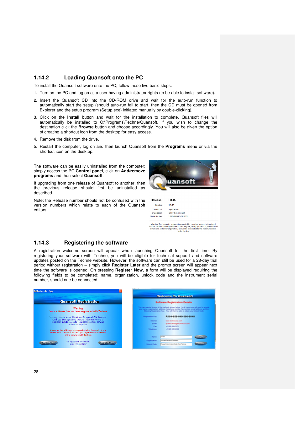 2 loading quansoft onto the pc, 3 registering the software | Techne PrimeQ User Manual | Page 28 / 181