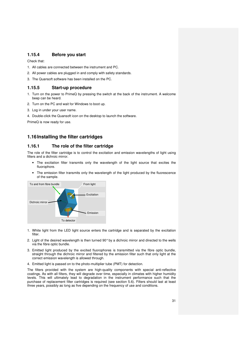 16 installing the filter cartridges, 4 before you start, 5 start-up procedure | 1 the role of the filter cartridge | Techne PrimeQ User Manual | Page 31 / 181