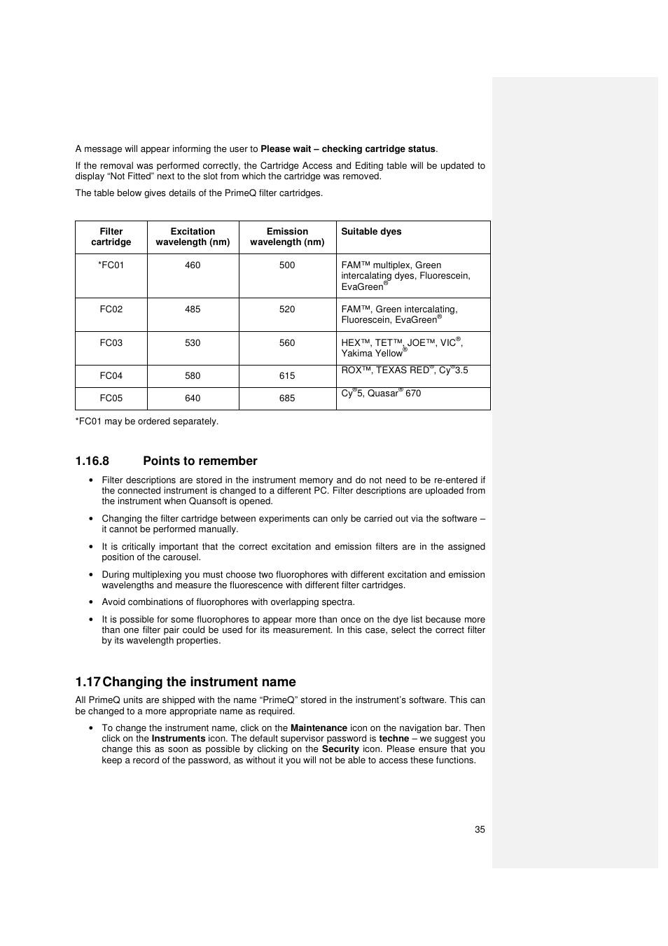 17 changing the instrument name, 8 points to remember | Techne PrimeQ User Manual | Page 35 / 181