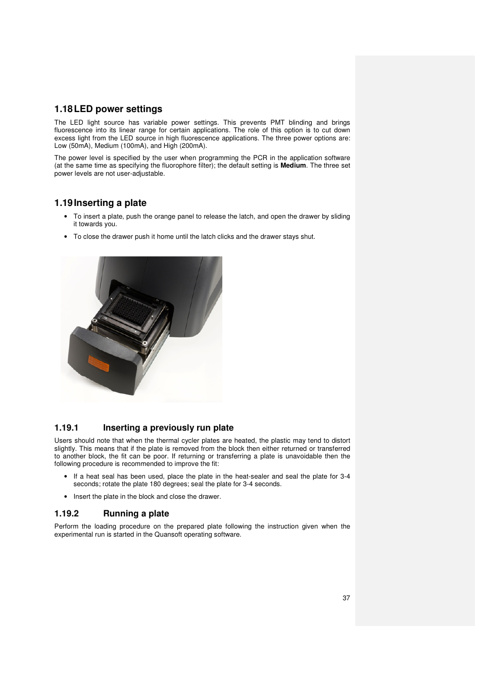 18 led power settings, 19 inserting a plate | Techne PrimeQ User Manual | Page 37 / 181