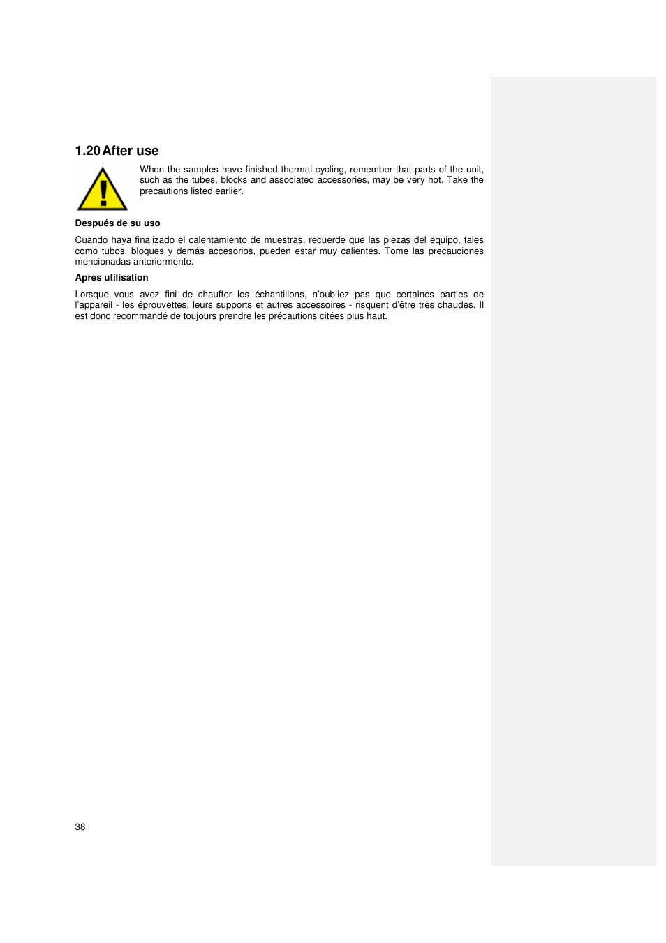 20 after use | Techne PrimeQ User Manual | Page 38 / 181