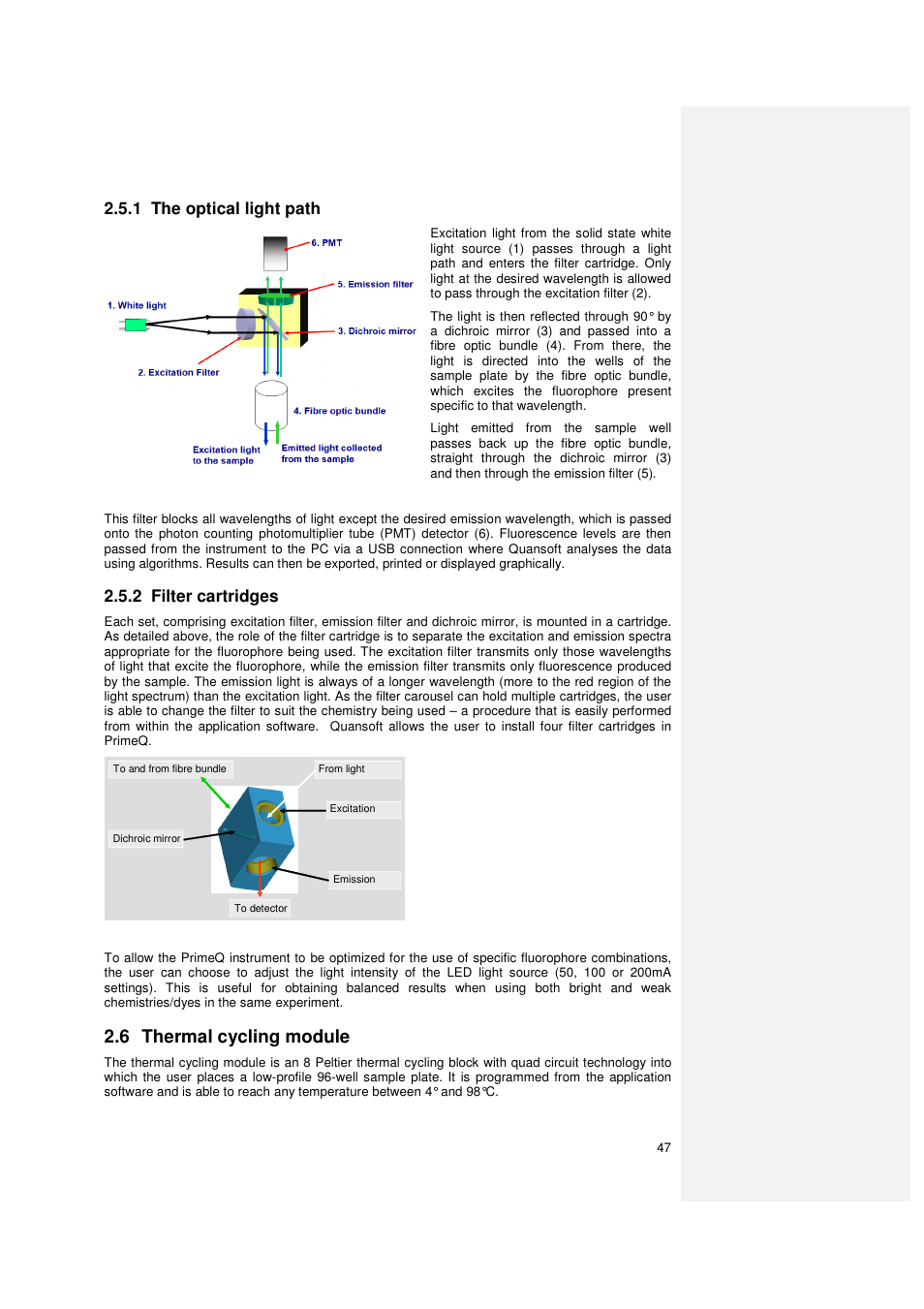 6 thermal cycling module, 1 the optical light path, 2 filter cartridges | 3 adjustable led intensity | Techne PrimeQ User Manual | Page 47 / 181