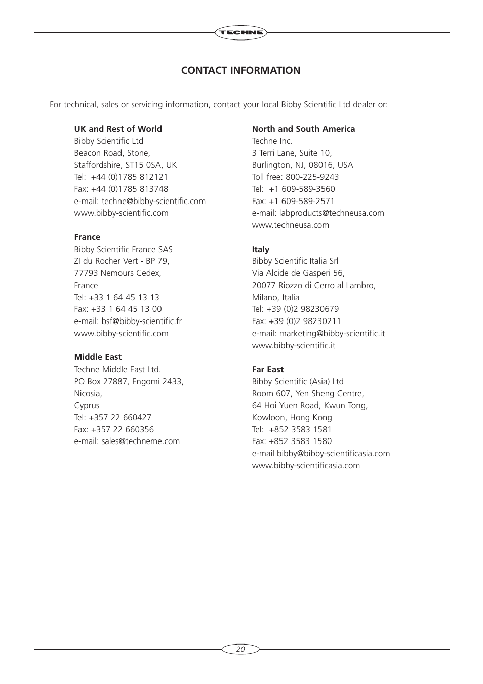 Contact information | Techne TC-5000 User Manual | Page 21 / 54