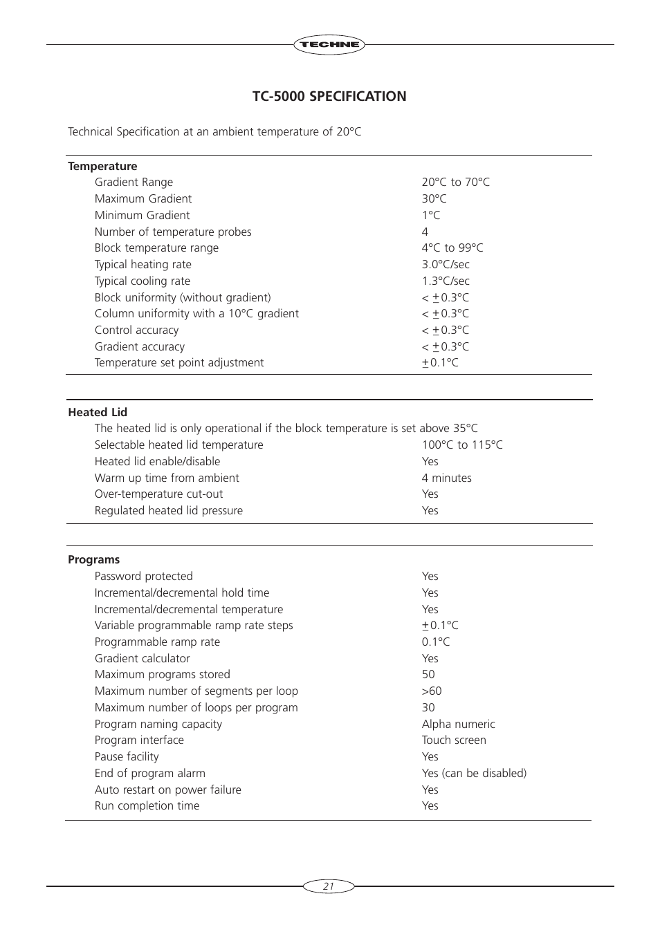 Tc-5000 specification | Techne TC-5000 User Manual | Page 22 / 54