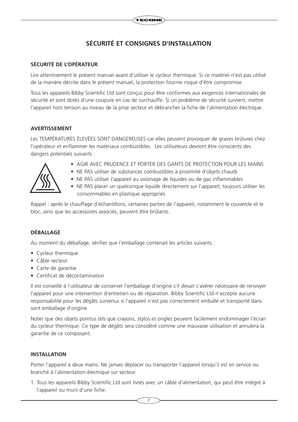Sécurité et consignes d'installation | Techne TC-5000 User Manual | Page 8 / 54