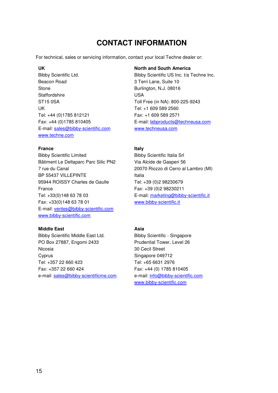 Contact information | Techne 3PrimeG User Manual | Page 16 / 54