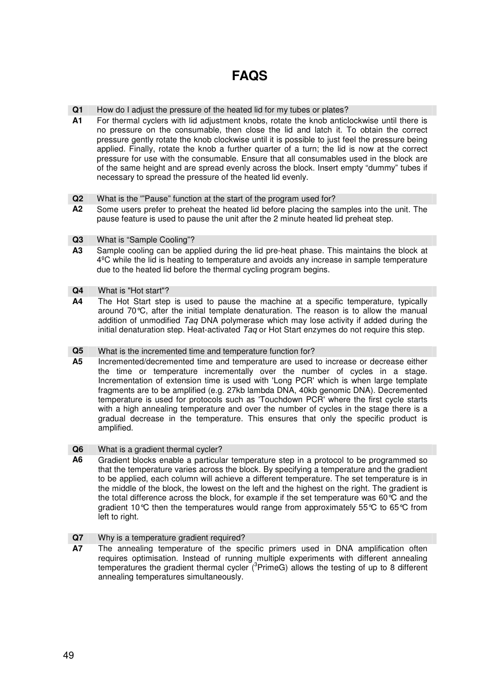 Faqs | Techne 3PrimeG User Manual | Page 50 / 54