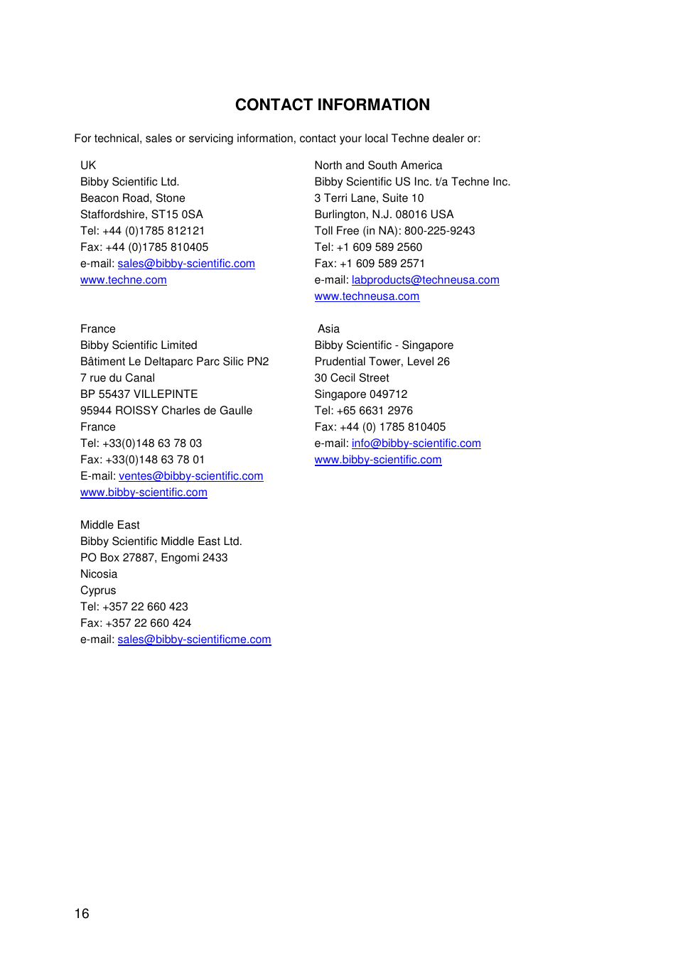 Contact information | Techne TC-PLUS Satellite User Manual | Page 16 / 45