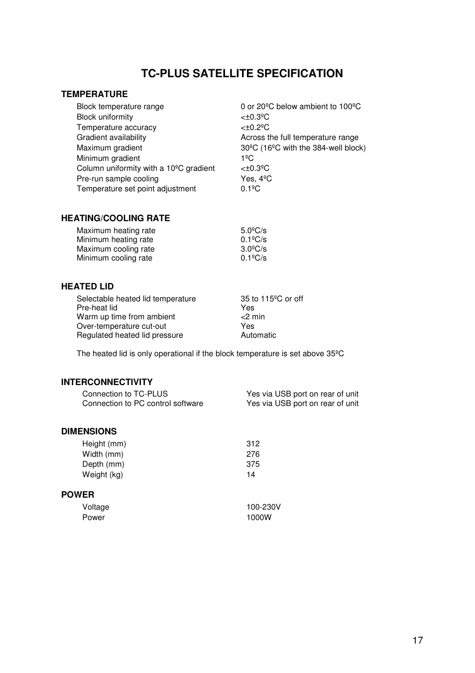 Tc-plus satellite specification | Techne TC-PLUS Satellite User Manual | Page 17 / 45