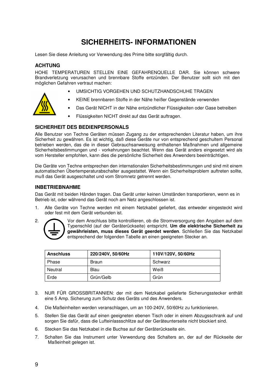 Sicherheits- informationen | Techne PrimeG User Manual | Page 10 / 67