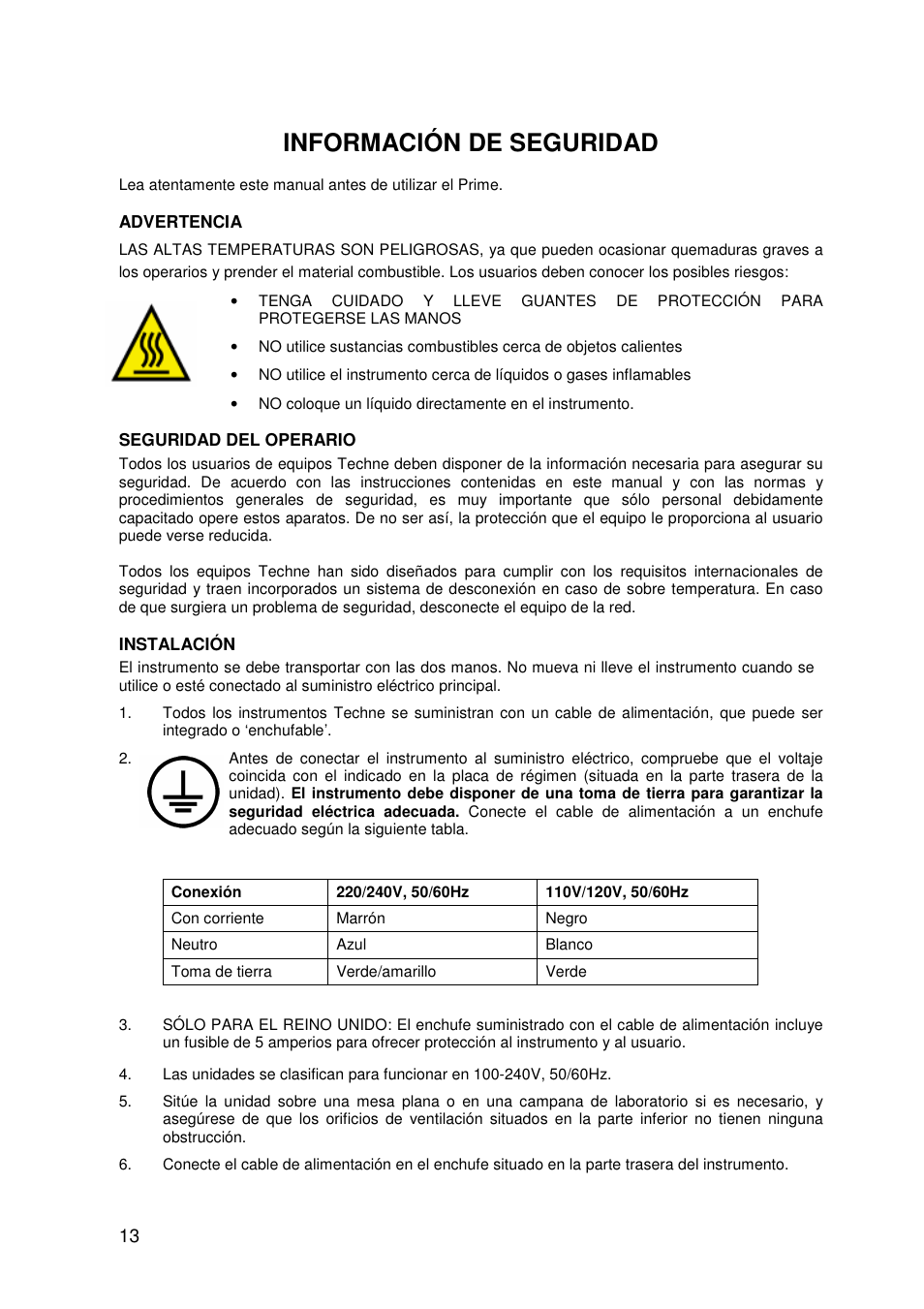 Información de seguridad | Techne PrimeG User Manual | Page 14 / 67