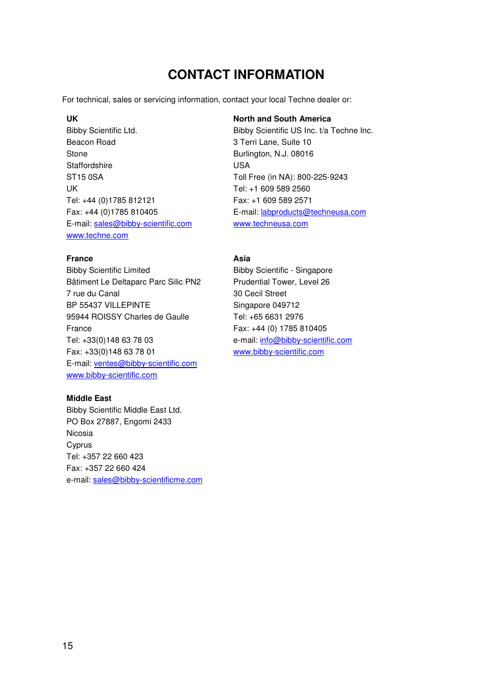 Contact information | Techne PrimeG User Manual | Page 16 / 67