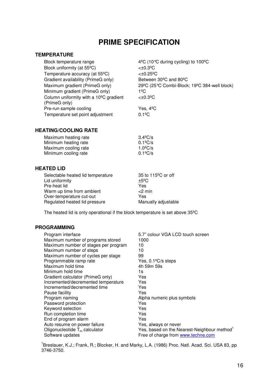 Prime specification | Techne PrimeG User Manual | Page 17 / 67