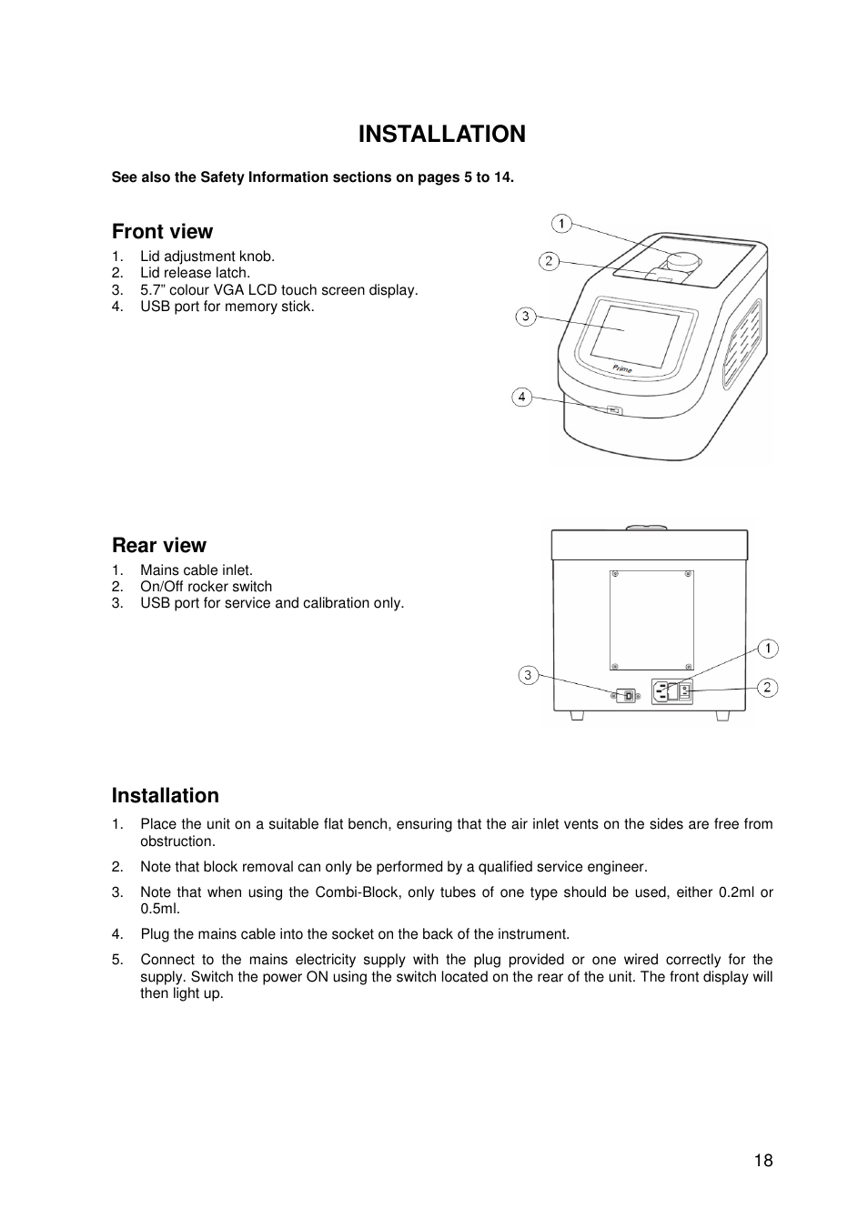 Installation, Front view, Rear view | Techne PrimeG User Manual | Page 19 / 67