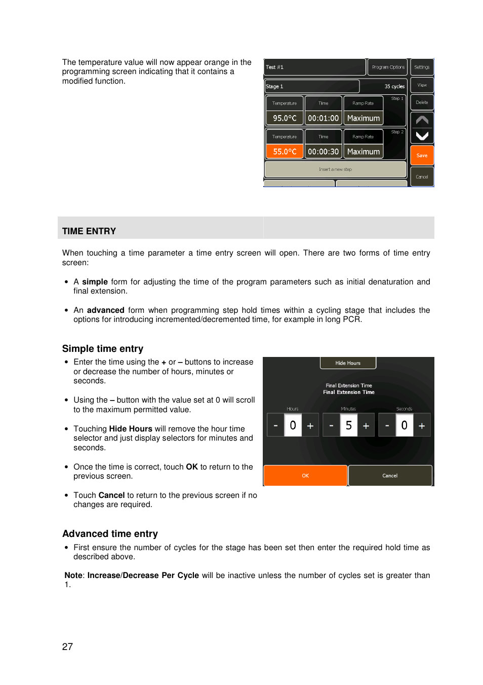 Simple time entry, Advanced time entry | Techne PrimeG User Manual | Page 28 / 67