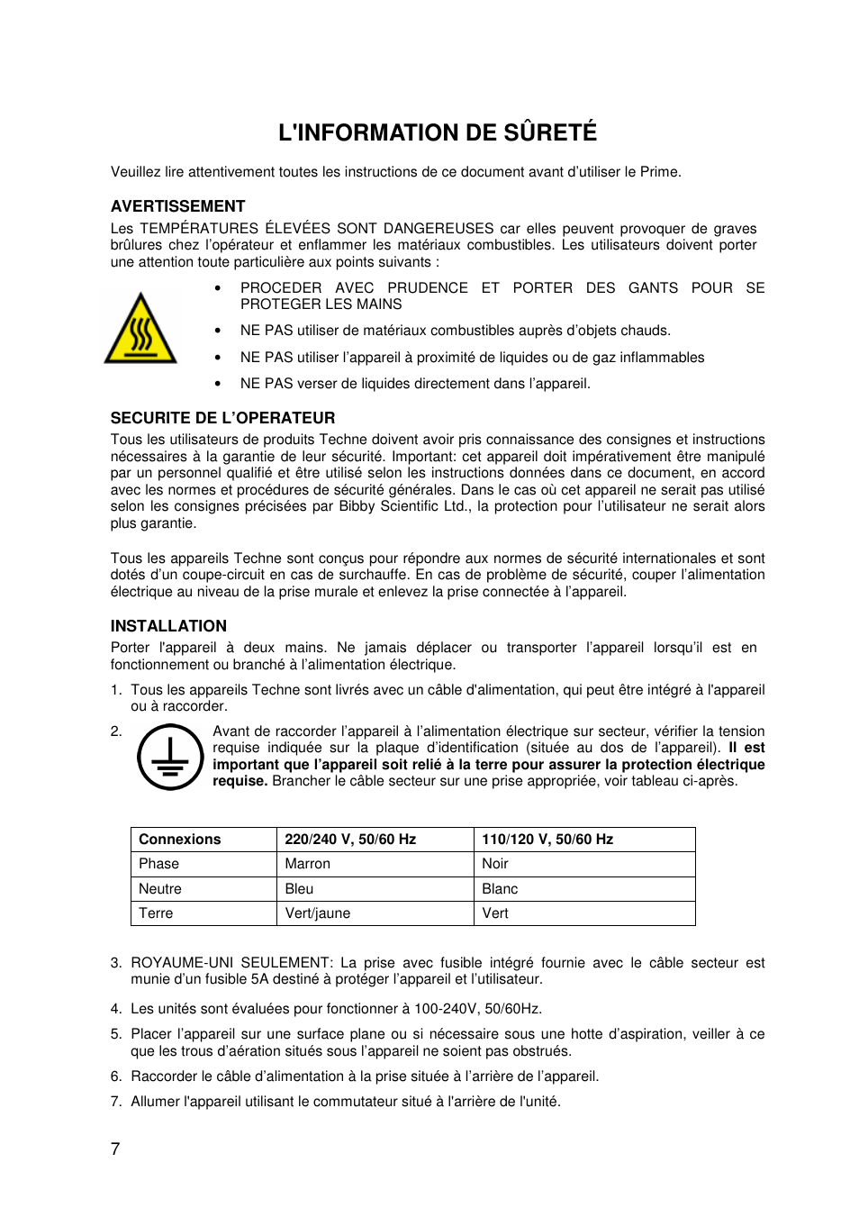 L'information de sûreté | Techne PrimeG User Manual | Page 8 / 67