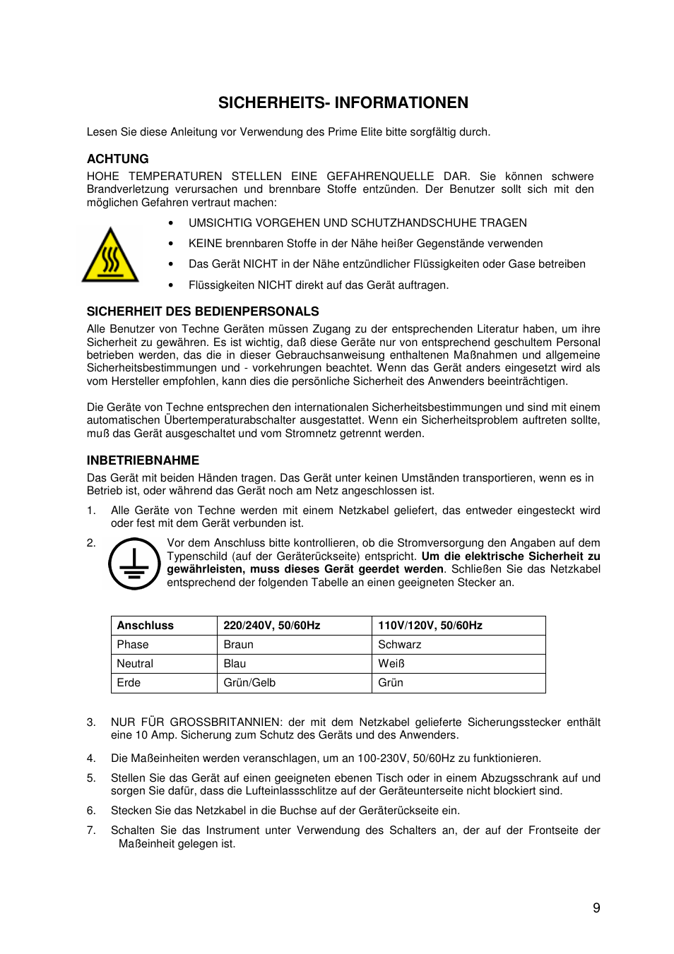 Sicherheits- informationen | Techne Prime Elite User Manual | Page 11 / 69