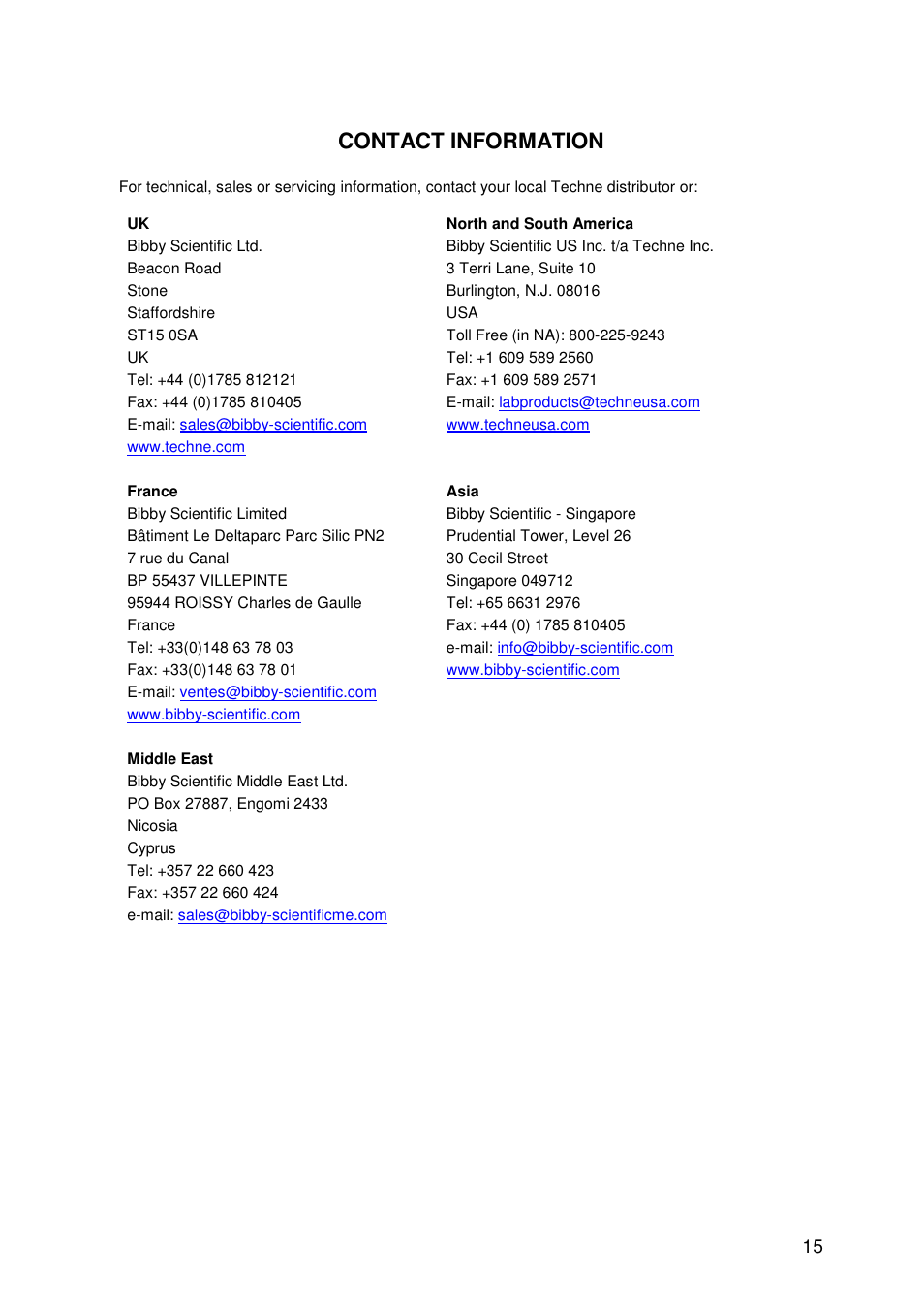Contact information | Techne Prime Elite User Manual | Page 17 / 69