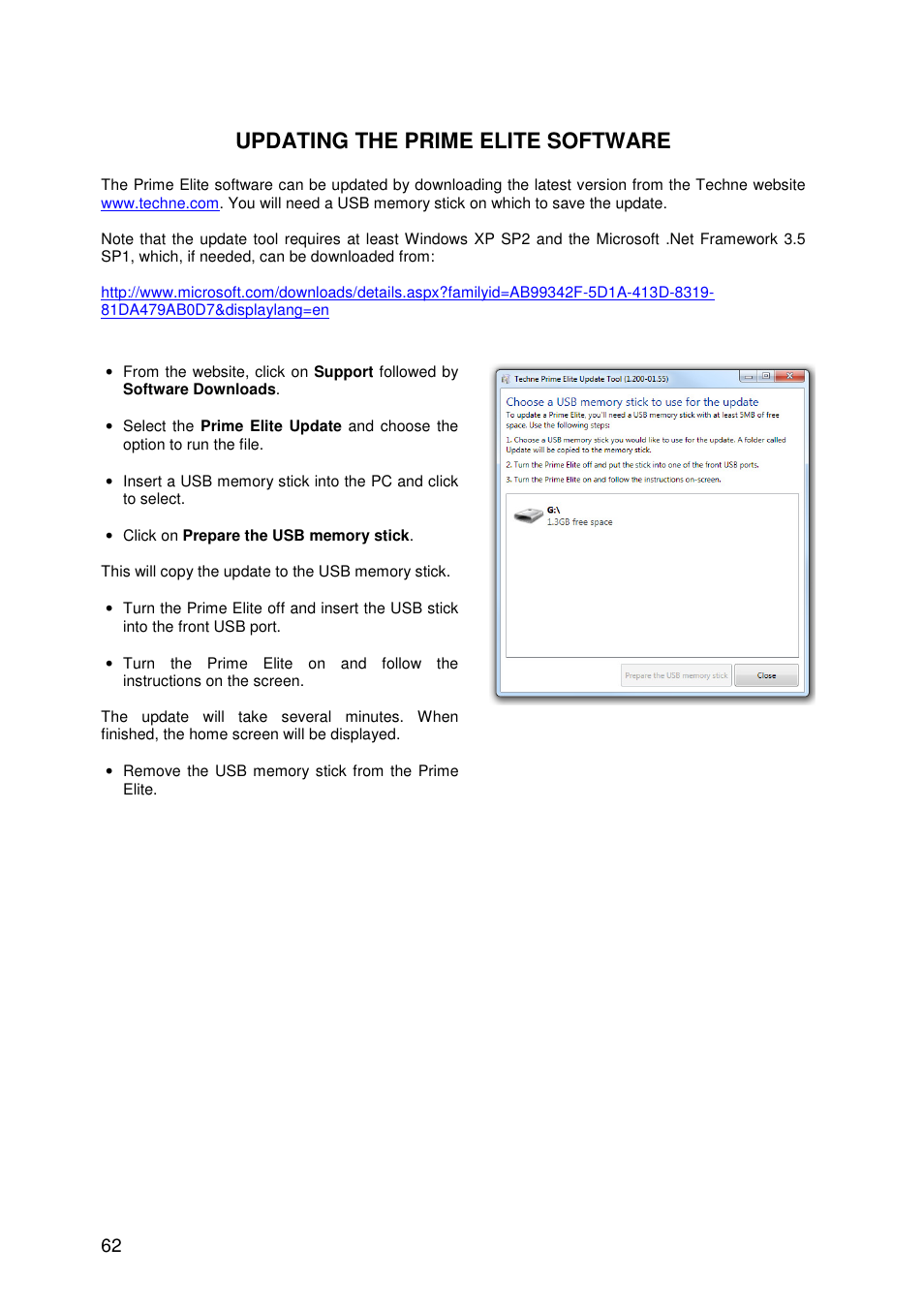 Updating the prime elite software | Techne Prime Elite User Manual | Page 64 / 69