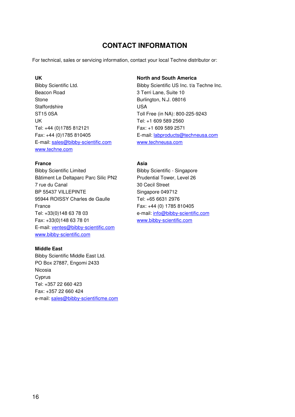 Contact information | Techne Prime Elite Satellite User Manual | Page 16 / 45
