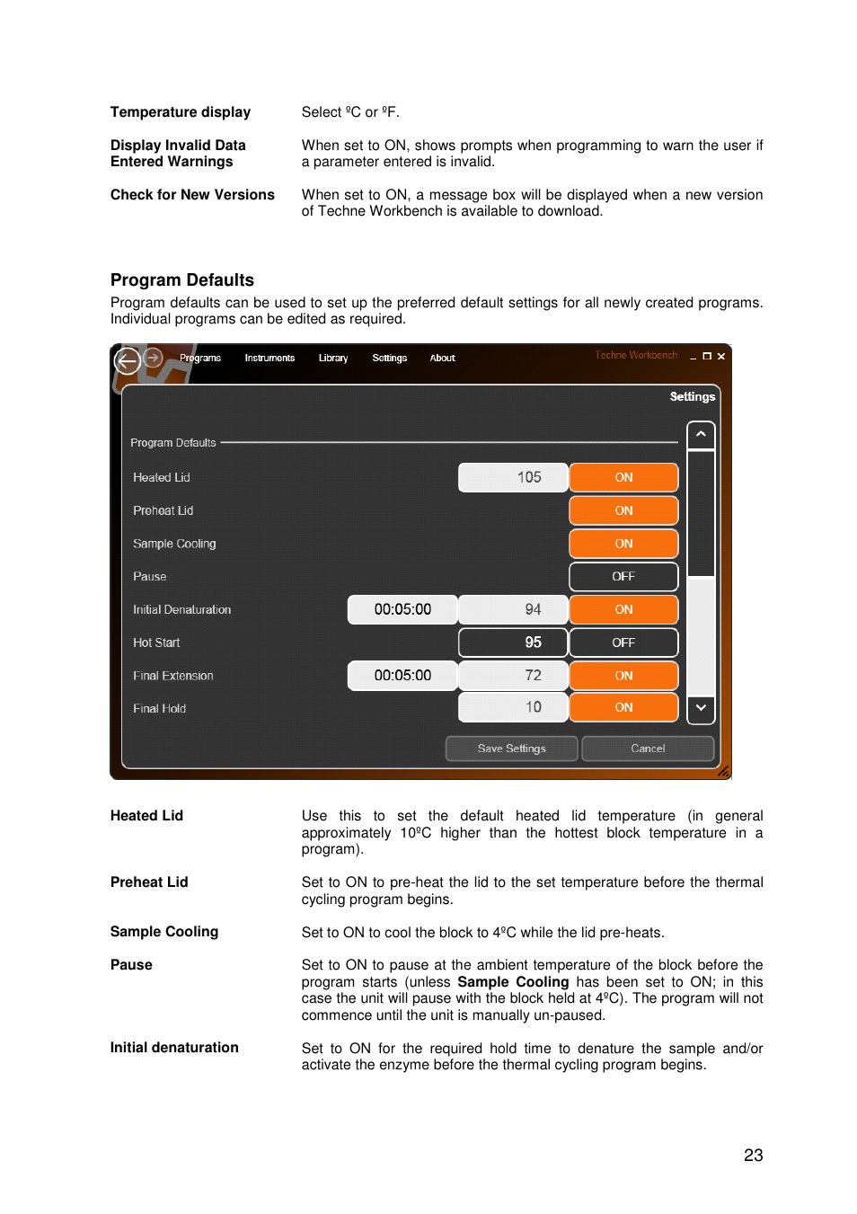 Program defaults | Techne Prime Elite Satellite User Manual | Page 23 / 45