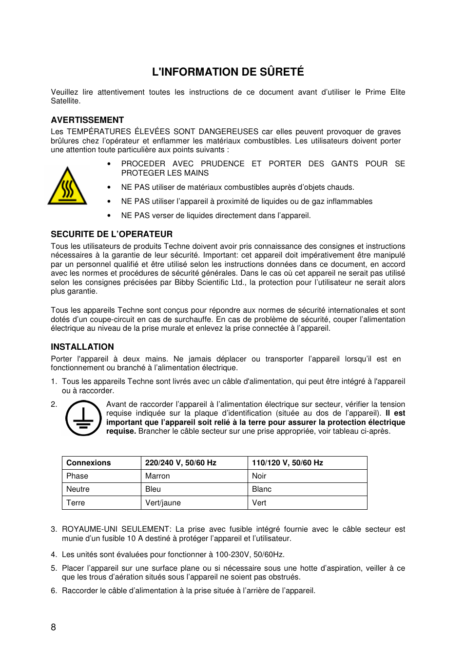 L'information de sûreté | Techne Prime Elite Satellite User Manual | Page 8 / 45