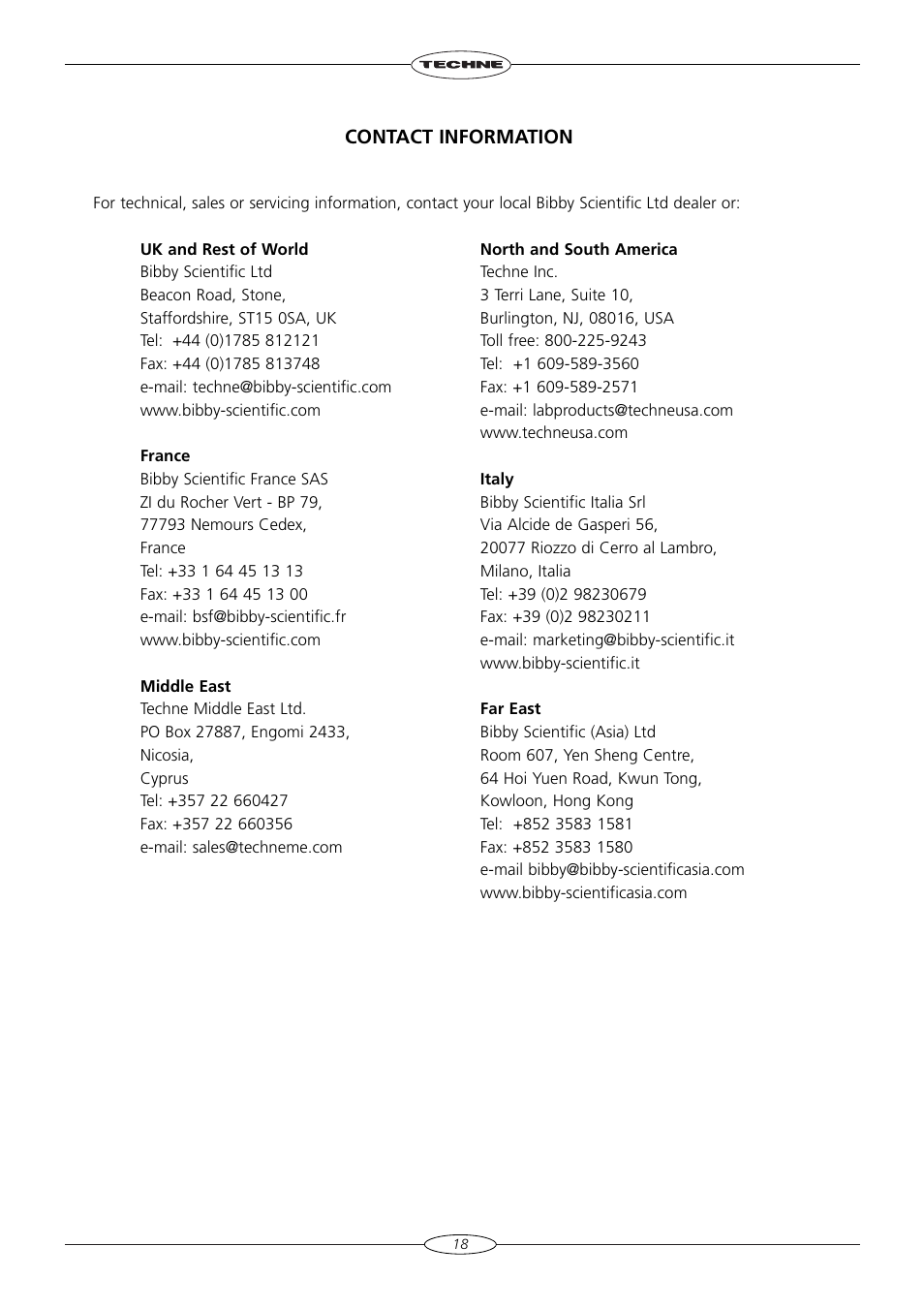 Contact information | Techne TC-4000 User Manual | Page 20 / 52