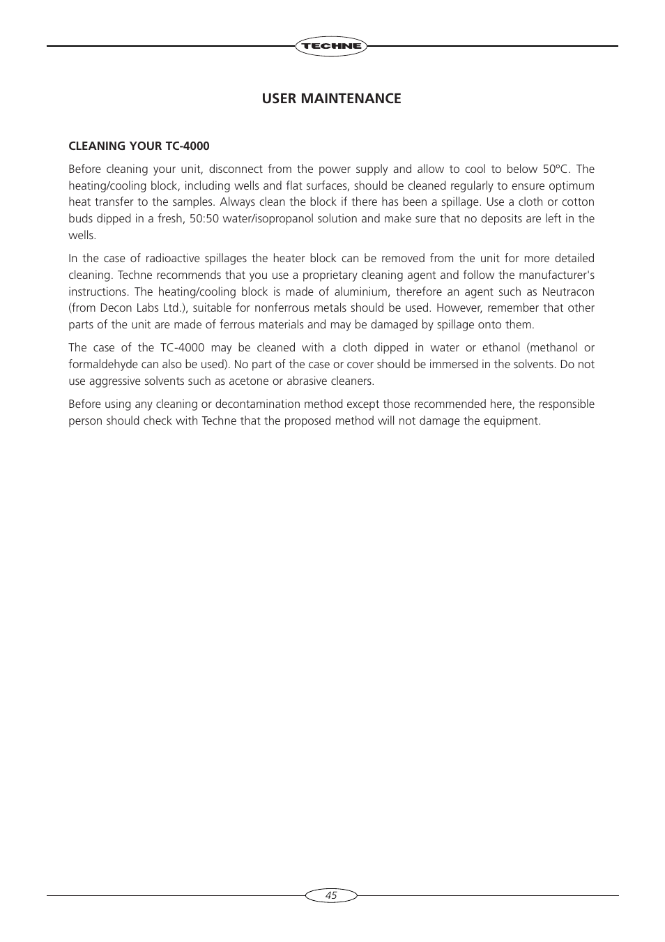 User maintenance | Techne TC-4000 User Manual | Page 47 / 52
