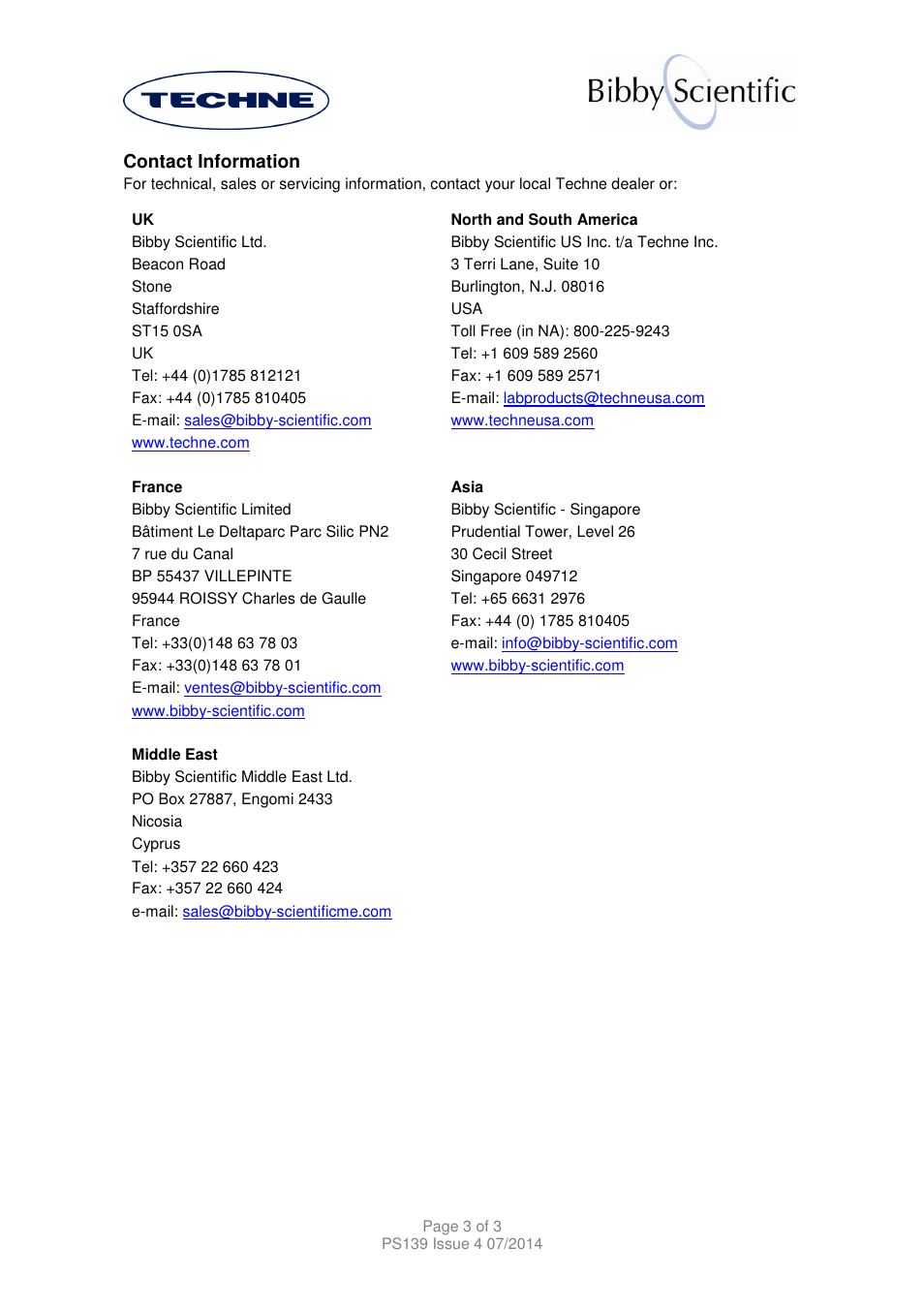 Contact information | Techne PS139 User Manual | Page 3 / 3
