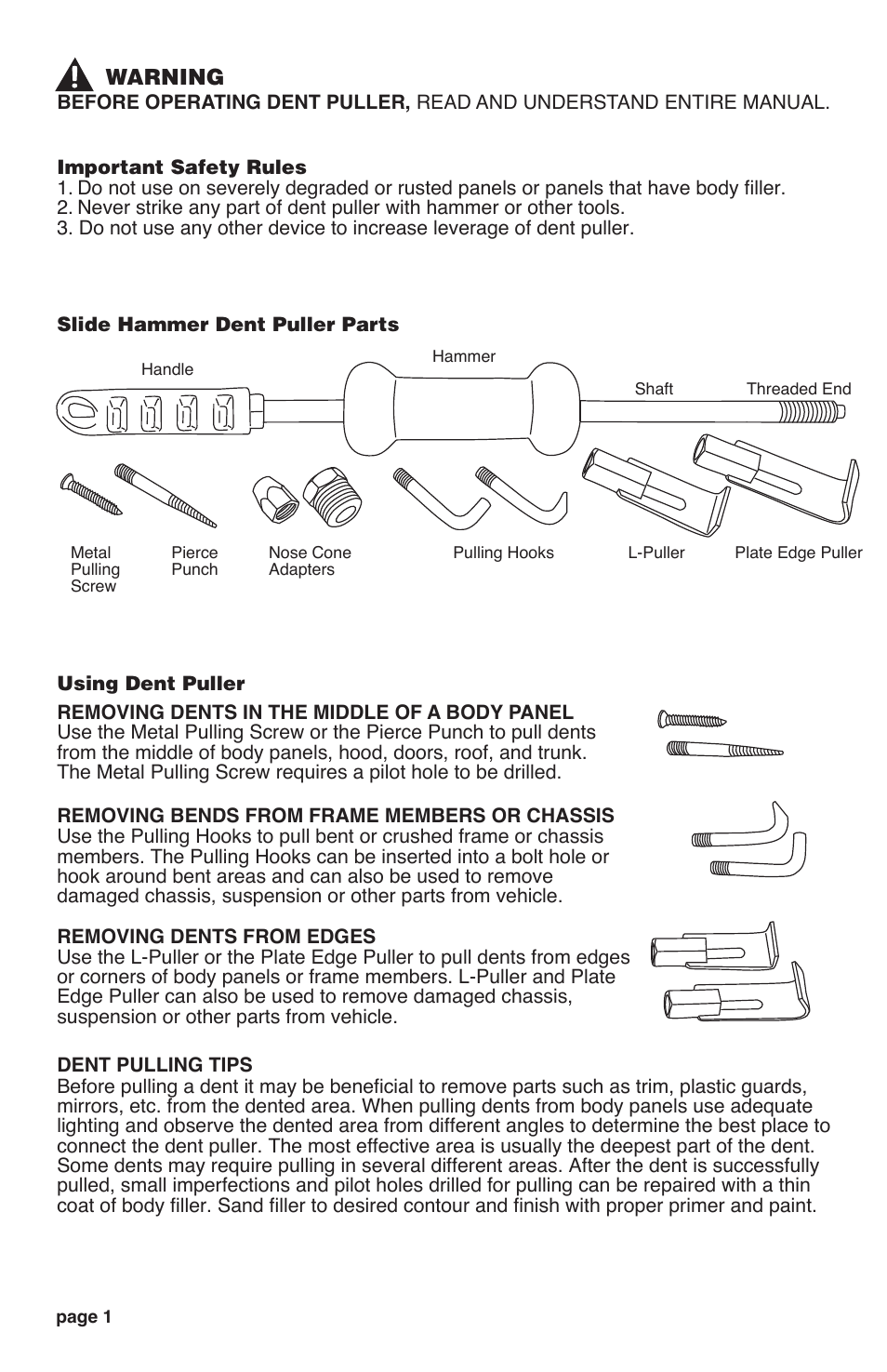 TEKTON 5632 - 9-pc. 5 lb. Slide Hammer Dent Puller Set User Manual | Page 2 / 4