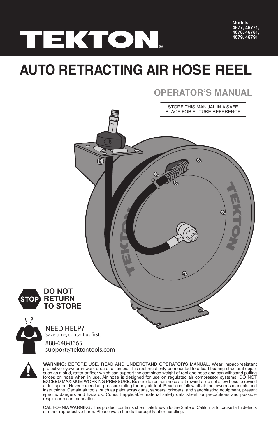 TEKTON 4677 - 25 ft. x 3/8 in. Retractable Air Hose Reel User Manual | 12 pages