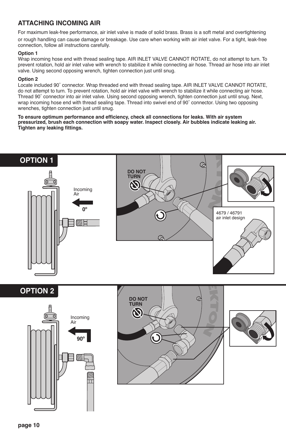 Option 2, Option 1, Attaching incoming air | TEKTON 4677 - 25 ft. x 3/8 in. Retractable Air Hose Reel User Manual | Page 10 / 12