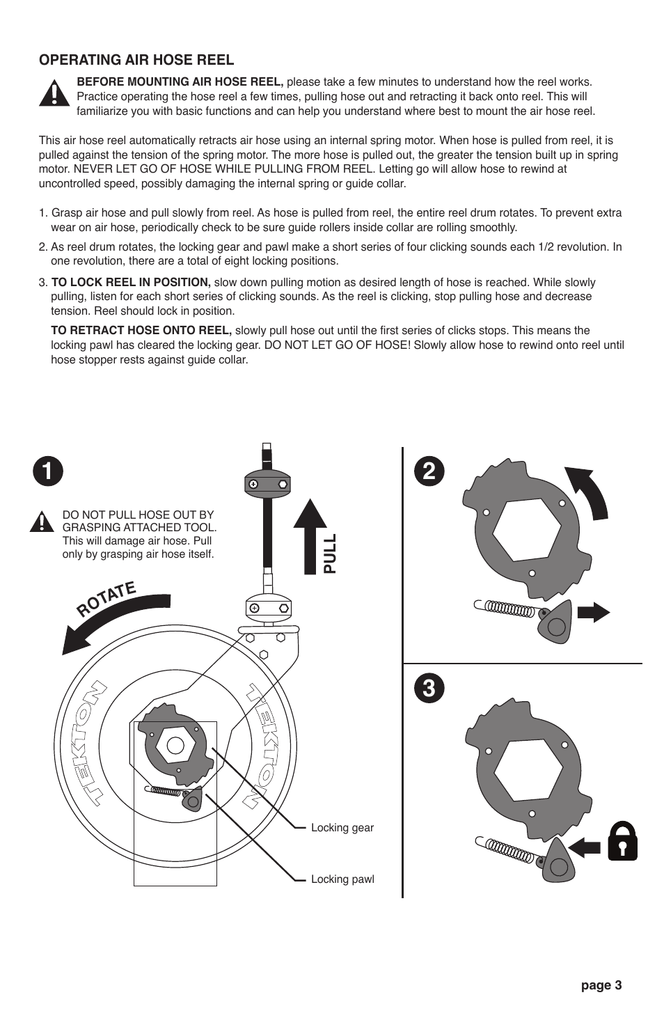 Pull, Rota te | TEKTON 4677 - 25 ft. x 3/8 in. Retractable Air Hose Reel User Manual | Page 3 / 12