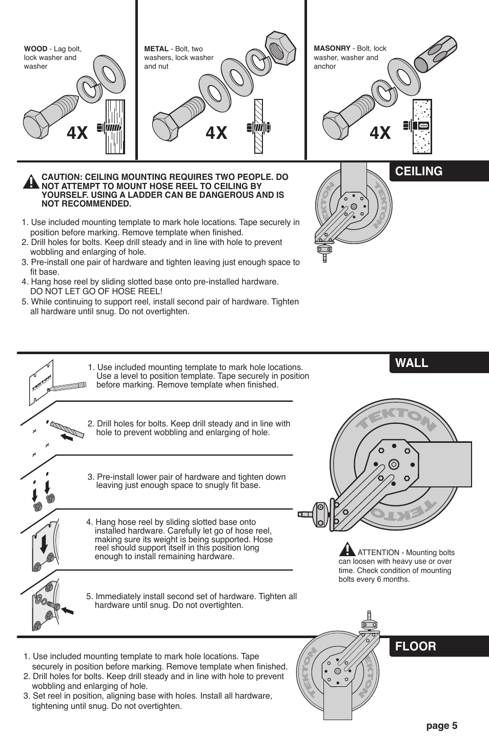 Ceiling wall floor | TEKTON 4677 - 25 ft. x 3/8 in. Retractable Air Hose Reel User Manual | Page 5 / 12