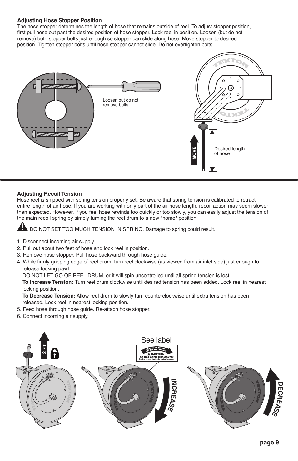 See label, De cr ea se in cr ea se | TEKTON 4677 - 25 ft. x 3/8 in. Retractable Air Hose Reel User Manual | Page 9 / 12