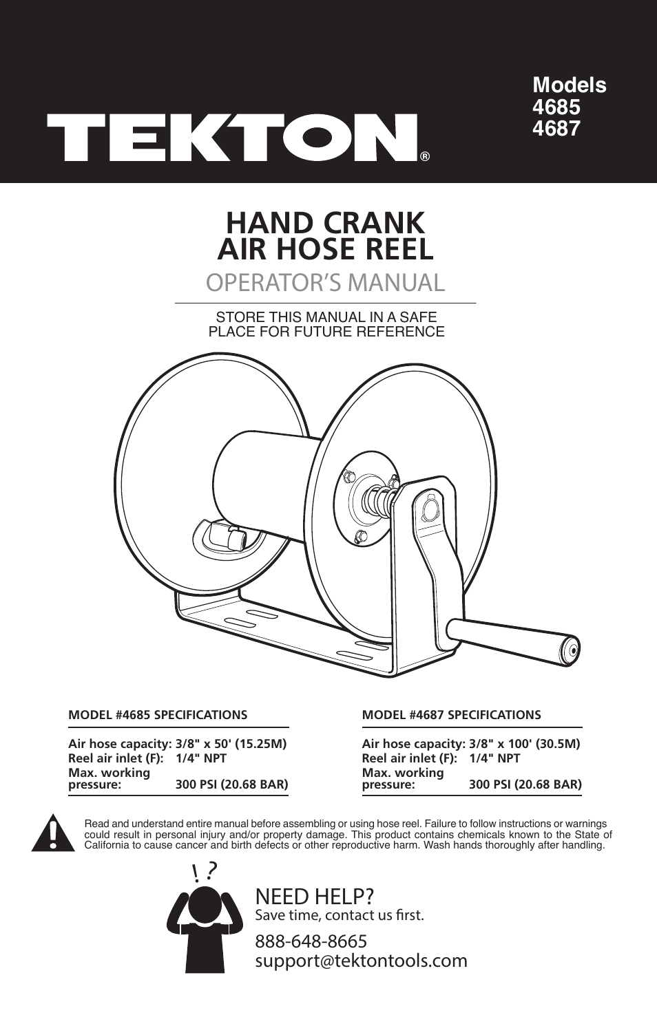 TEKTON 4685 - Hand Crank Air Hose Reel (50 ft. Capacity) User Manual | 4 pages