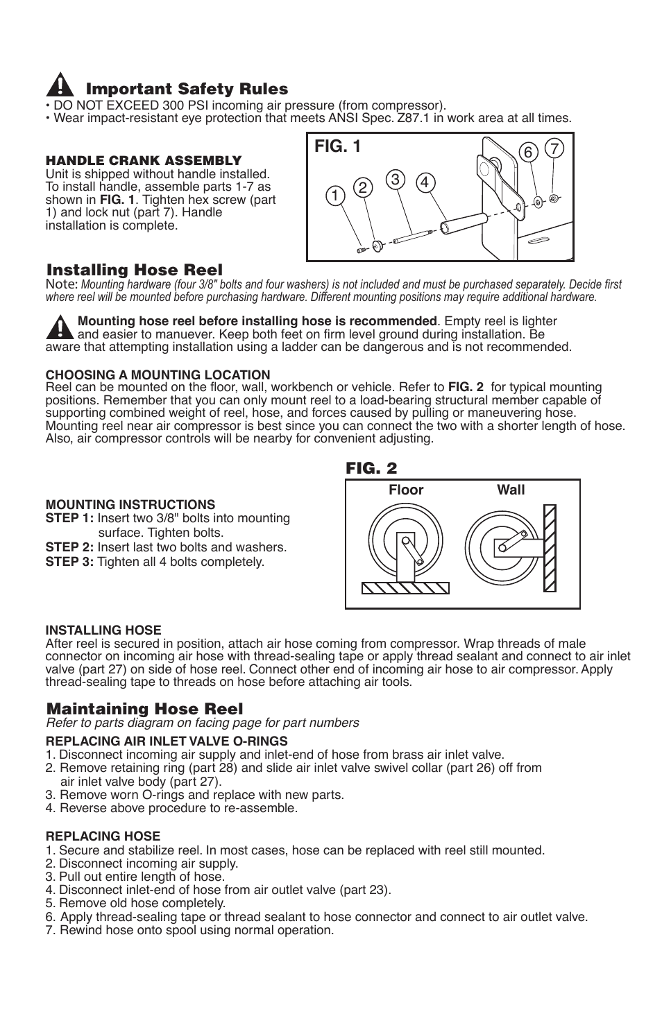 Fig. 1, Maintaining hose reel, Fig. 2 | Important safety rules, Installing hose reel | TEKTON 4685 - Hand Crank Air Hose Reel (50 ft. Capacity) User Manual | Page 2 / 4