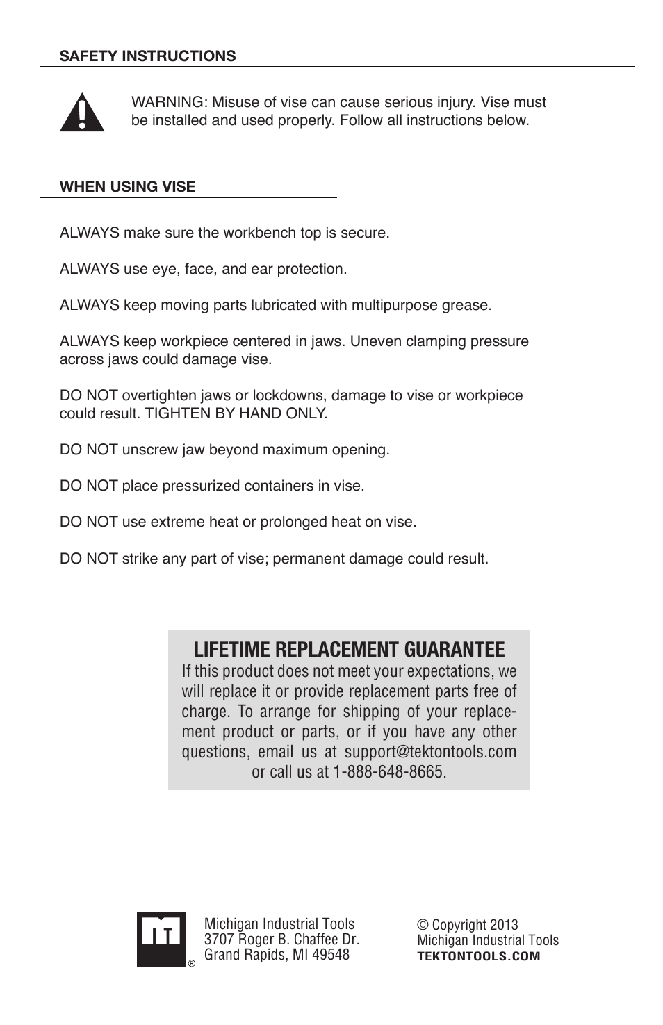 Lifetime replacement guarantee | TEKTON 5409 - 8 in. Swivel Bench Vise User Manual | Page 4 / 4