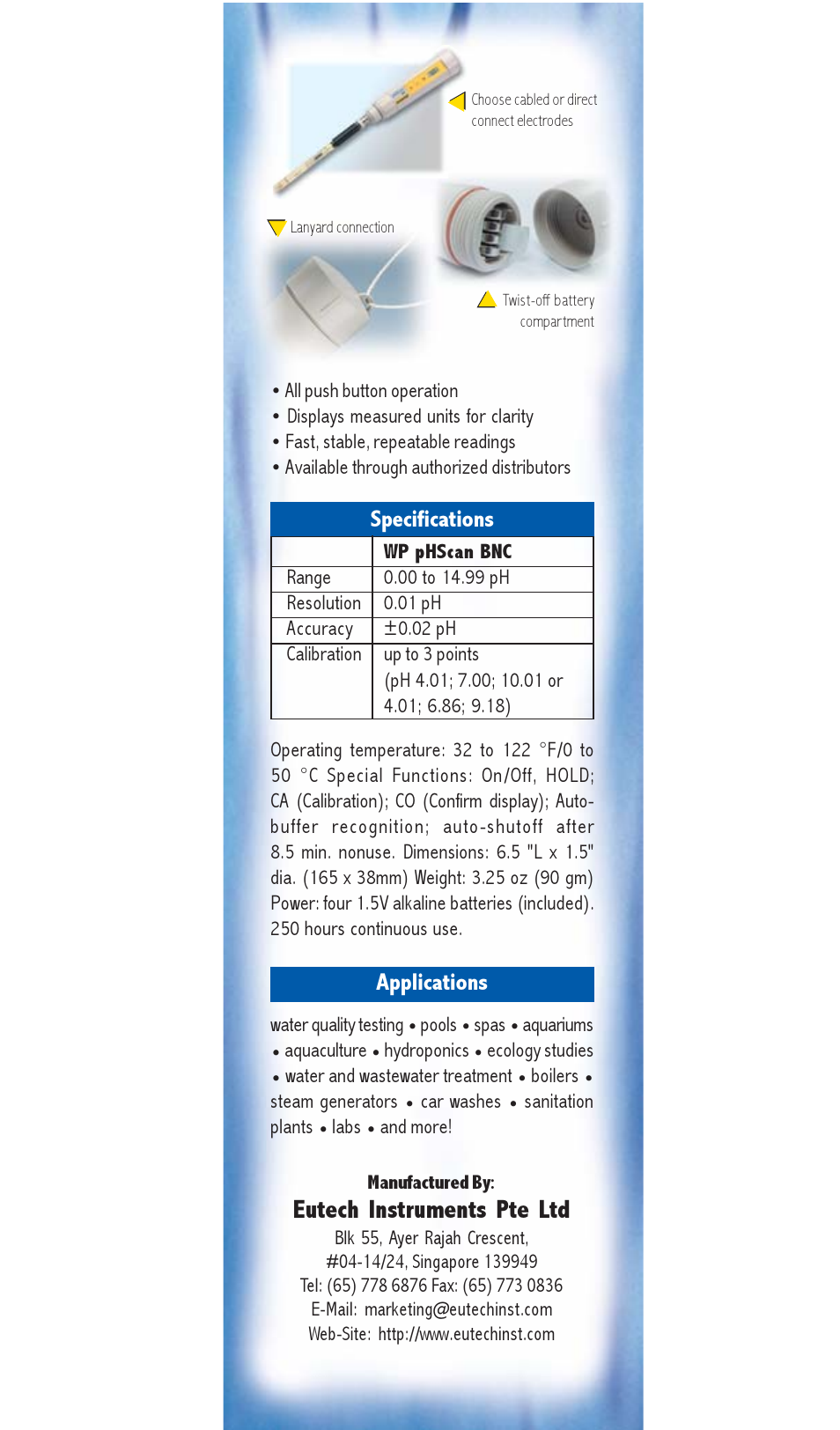 Eutech instruments pte ltd, Applications specifications | Thermo Fisher Scientific pHScan BNC User Manual | Page 3 / 3