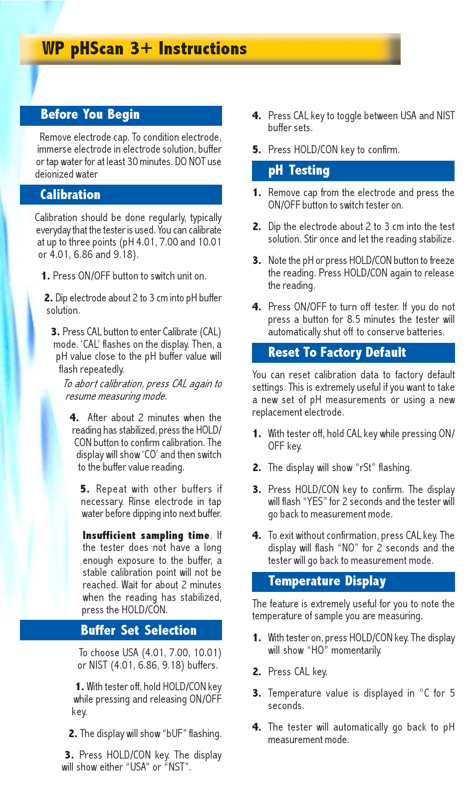 Wp phscan 3+ instructions, Ph testing, Reset to factory default | Temperature display, Before you begin, Calibration, Buffer set selection | Thermo Fisher Scientific pHScan 3/3+ User Manual | Page 4 / 5