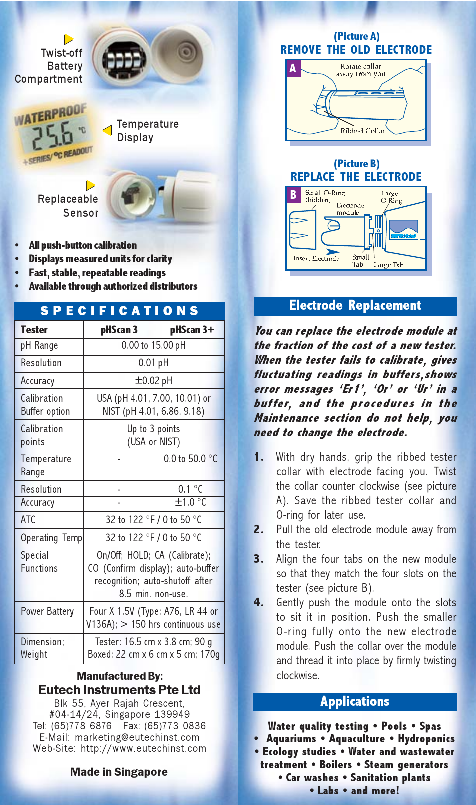 Electrode replacement, Applications | Thermo Fisher Scientific pHScan 3/3+ User Manual | Page 5 / 5
