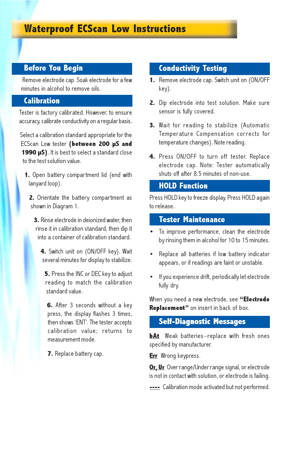 Waterproof ecscan low instructions, Conductivity testing, Hold function | Tester maintenance, Self-diagnostic messages, Before you begin, Calibration | Thermo Fisher Scientific ECScan High/Low & TDScan High/Low User Manual | Page 4 / 9