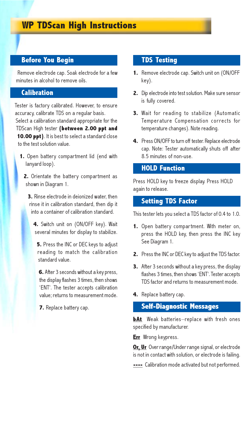 Wp tdscan high instructions, Before you begin, Calibration | Tds testing, Hold function, Setting tds factor, Self-diagnostic messages | Thermo Fisher Scientific ECScan High/Low & TDScan High/Low User Manual | Page 6 / 9