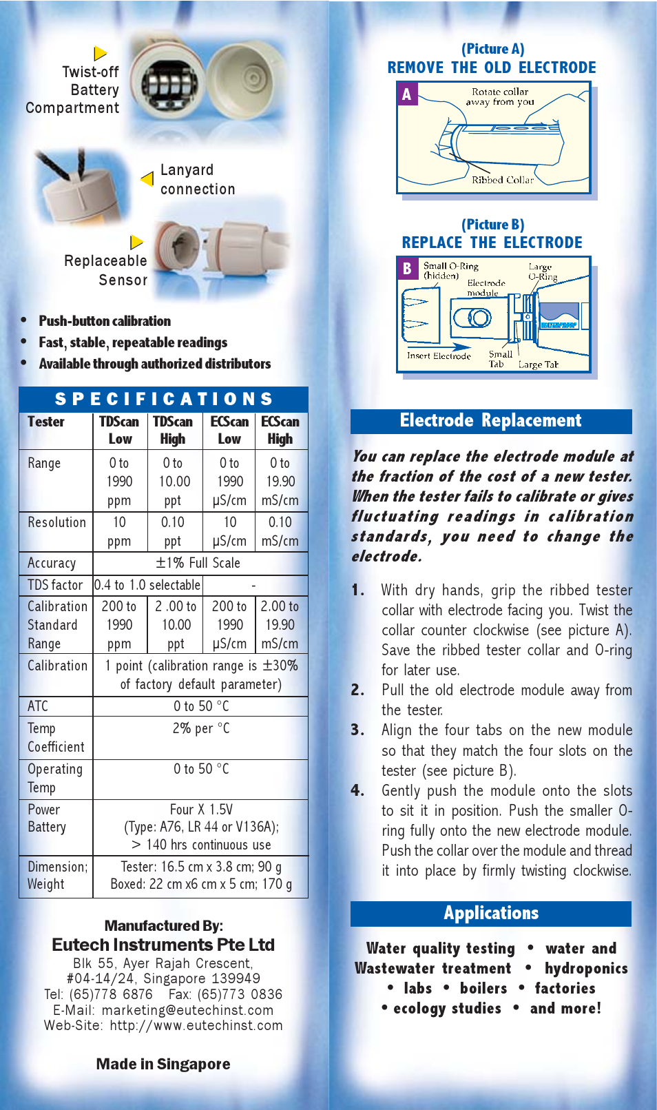 Electrode replacement, Applications | Thermo Fisher Scientific ECScan High/Low & TDScan High/Low User Manual | Page 9 / 9
