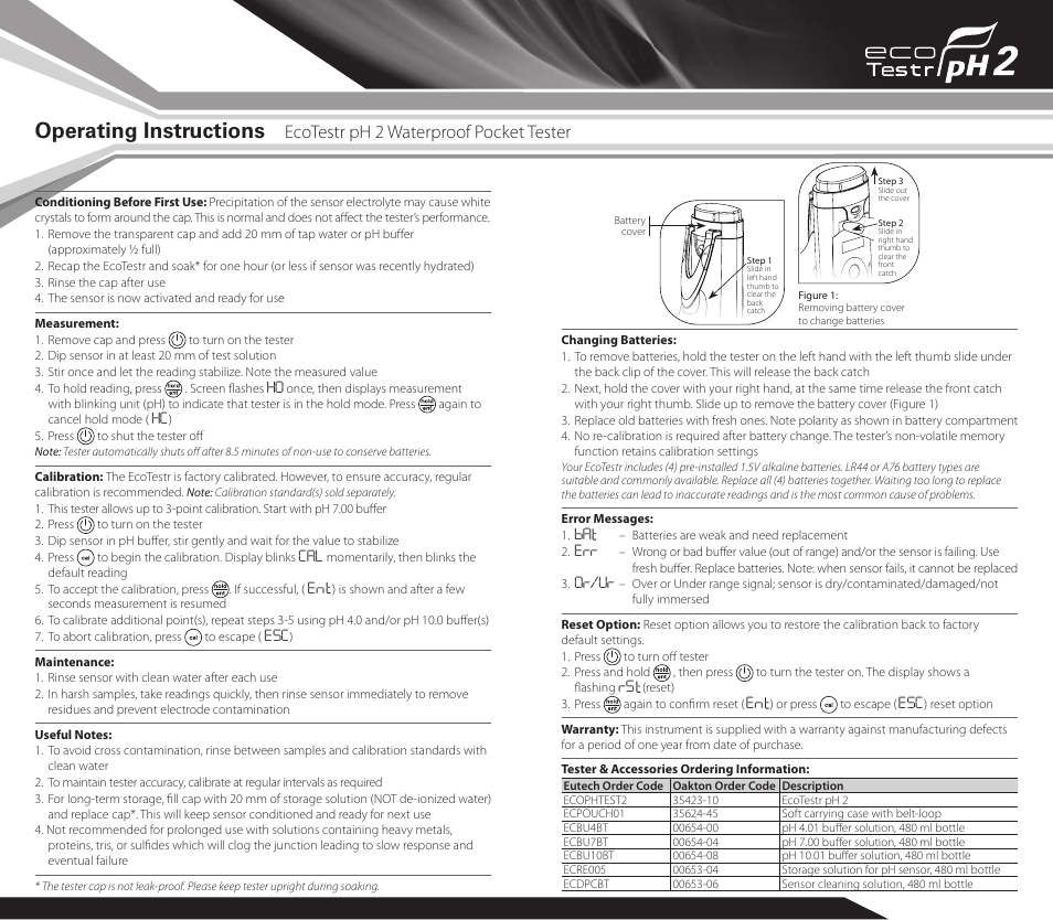 Operating instructions, Ecotestr ph 2 waterproof pocket tester, Or/ur | Thermo Fisher Scientific EcoTestr pH 2 User Manual | Page 2 / 2