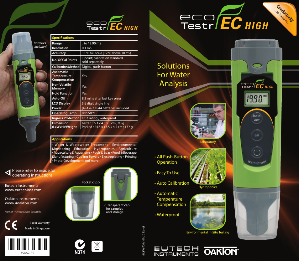 Thermo Fisher Scientific EcoTestr EC High User Manual | 2 pages