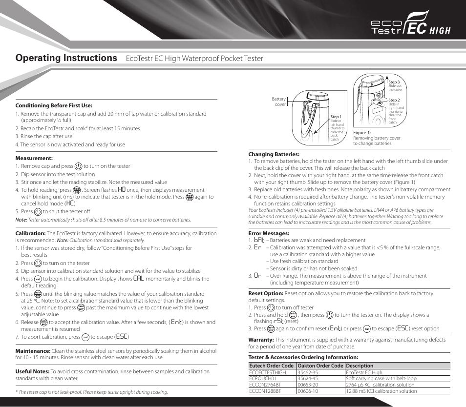 Operating instructions, Ecotestr ec high waterproof pocket tester | Thermo Fisher Scientific EcoTestr EC High User Manual | Page 2 / 2