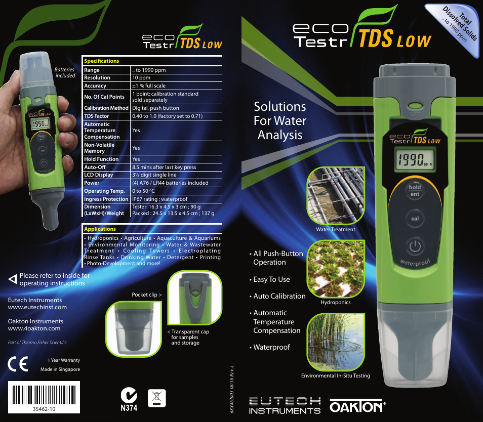 Thermo Fisher Scientific EcoTestr TDS Low User Manual | 2 pages