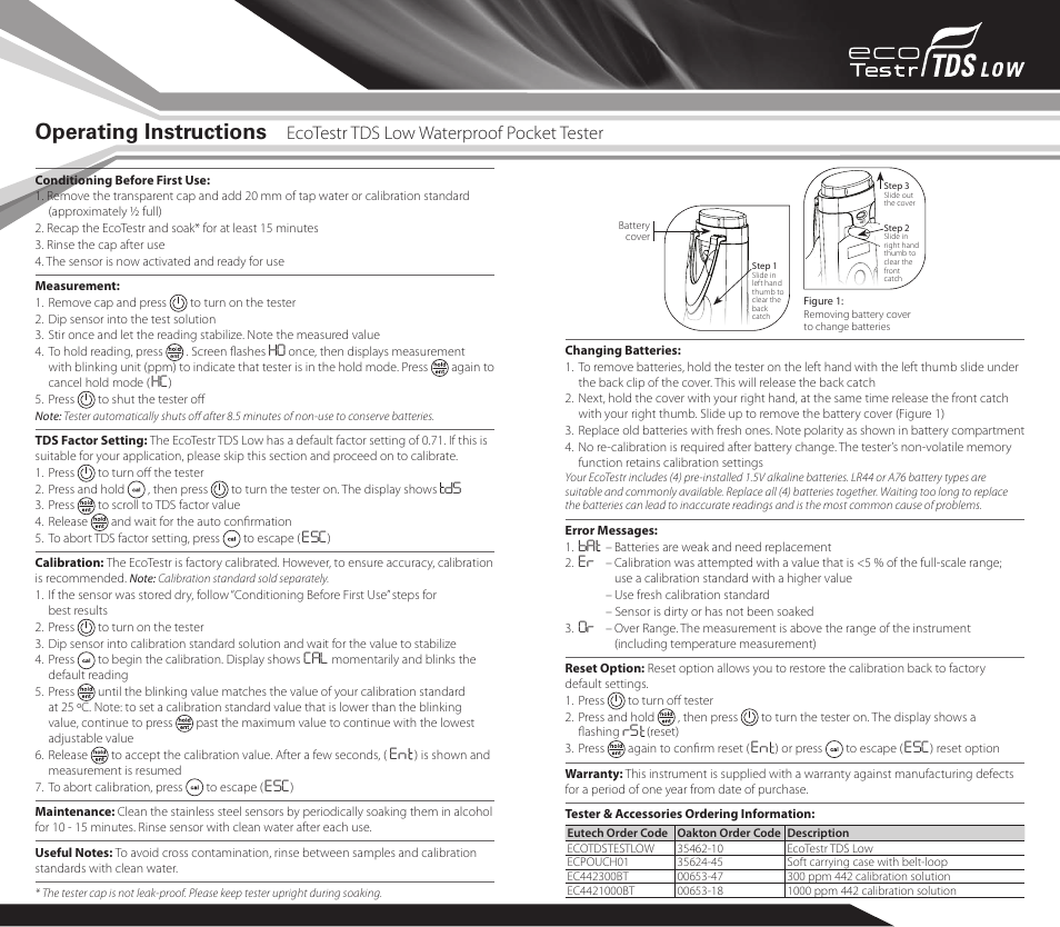 Operating instructions, Ecotestr tds low waterproof pocket tester | Thermo Fisher Scientific EcoTestr TDS Low User Manual | Page 2 / 2