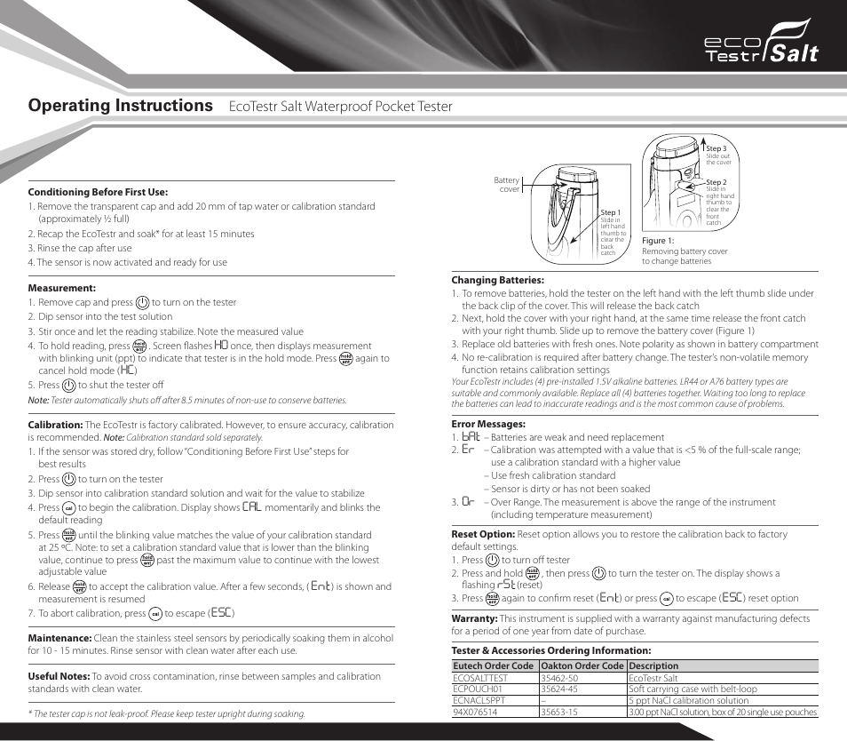 Operating instructions, Ecotestr salt waterproof pocket tester | Thermo Fisher Scientific EcoTestr Salt User Manual | Page 2 / 2